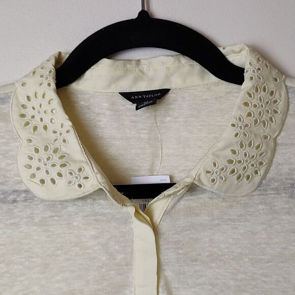 Ann Taylor Peter Pan Lace Collar Linen Top Semi Sheer Light Yellow Size M NWT - Picture 6 of 10